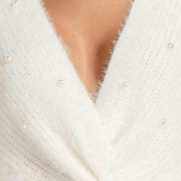 New Women's Ivory White Twist Front Sweater with Faux Pearl - Picture 3 of 7